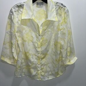 Carol Bay‎ PXL Sheer Lightweight Collared Button Up 3/4 Sleeve Floral Blouse